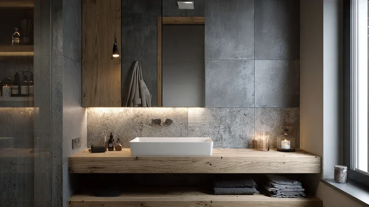 Mobile bagno sospeso in legno naturale con doppia mensola aperta, lavabo bianco da appoggio e parete effetto cemento