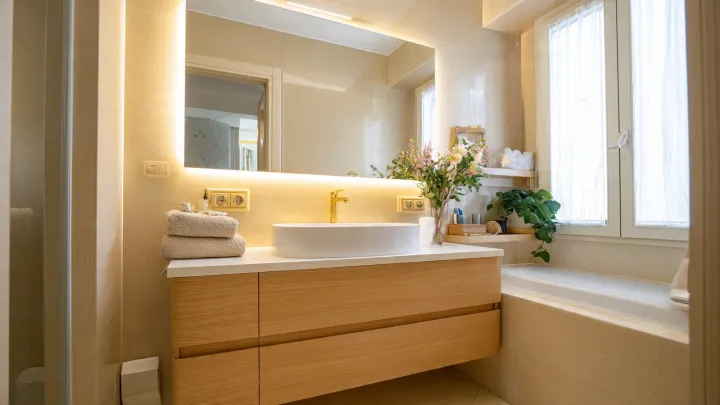 Mobile bagno sospeso in rovere chiaro con due cassetti, lavabo ovale da appoggio bianco e specchio grande retroilluminato in bagno piccolo