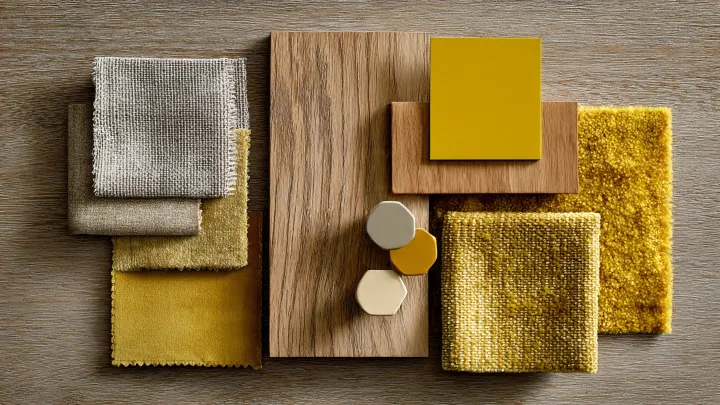 Moodboard interior design con palette celeste powder e giallo burro, campioni tessuti lino e velluto, texture rovere naturale, layout editoriale luxury, trend colori 2026