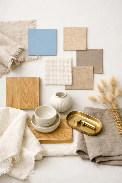 Moodboard fotografica elegante con campioni di colore celeste polvere, beige sabbia, tortora caldo, bianco panna e rovere naturale, tessuti in lino e cotone, ceramiche artigianali e dettagli in ottone satinato.