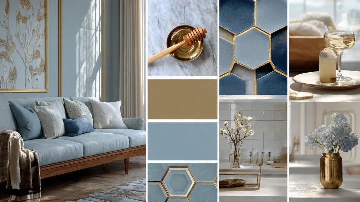 Collage moodboard 6 riquadri: divano celeste polvere con cuscini grigi/blu e quadro botanico dorato; cucchiaino di miele su piattino dorato e marmo; piastrelle esagonali blu con stucchi dorati; vassoio con bicchiere, candela e asciugamani; vaso con rametti bianchi su piastrelle bianche e vassoio dorato; vaso dorato con fiori azzurri. Palette celeste polvere, oro e neutri.
