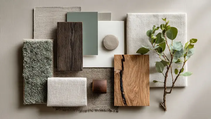 Moodboard interior design con pareti color sabbia abbinate a verde salvia, blu polvere, bianco caldo e tortora, tessuti in lino e legno naturale, atmosfera elegante e rilassante