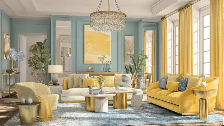 Moodboard luxury soggiorno con accenti celeste powder e giallo burro, divano velluto, lampadario cristallo, tavolini ottone, design contemporary elegante, trend interior 2026
