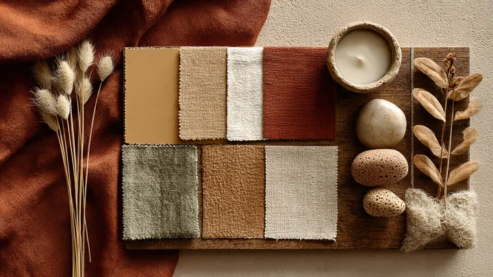 Moodboard stile boho 2026 con palette colori beige sabbia, terracotta, verde salvia, ocra e bianco caldo, campioni tessili in lino e cotone e materiali naturali
