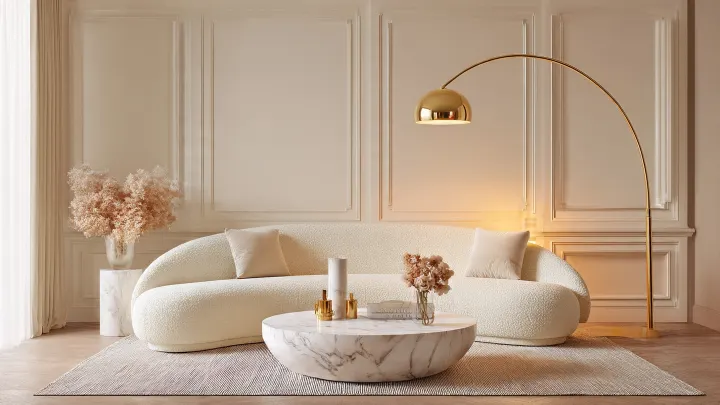 Living arredato in stile Neo Deco con divano curvo e tavolino in marmo