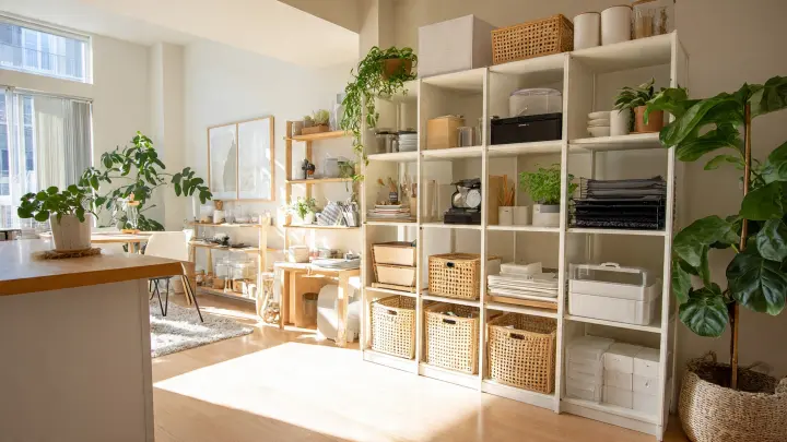 Cucina e soggiorno di un piccolo appartamento organizzato con soluzioni smart storage, piani decluttered, scaffali puliti, mobili funzionali, design moderno minimalista e luce naturale brillante