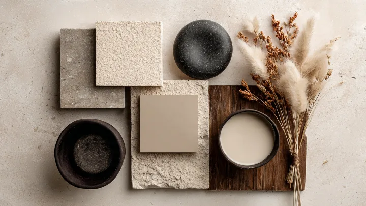 Flat lay di campioni materiali in palette neutra: piastrelle in pietra grigia e travertino beige, campione ceramica taupe, ciotole ceramica nera e crema, tavoletta in legno scuro, ciuffi di pampas grass essiccato. Composizione minimal, texture naturali, mood luxury scandinavo.