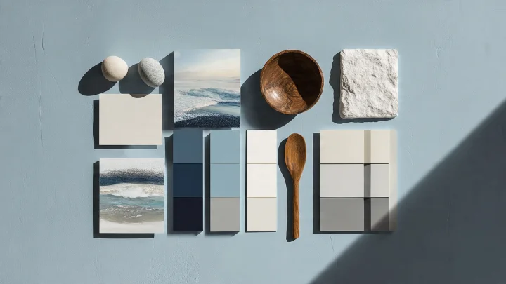 Moodboard flat lay con palette colore celeste RGB, campioni blu navy, grigio, beige e texture naturali ispirate al mare