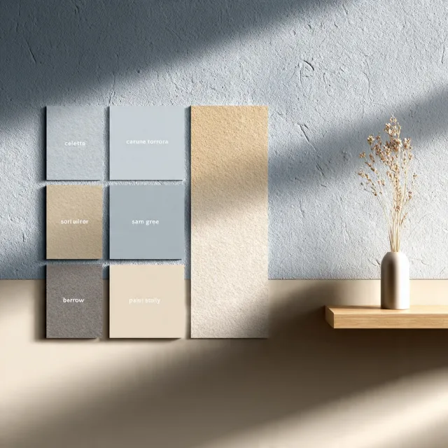 Palette colori soggiorno: abbinamento pareti celeste grigio e tessuti beige tortora per modello 70/30