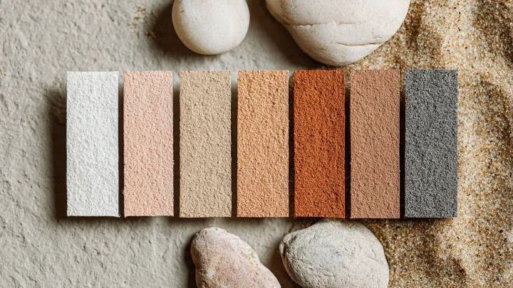 Palette di tonalità color sabbia con campioni dal sabbia chiaro al sabbia dorato, sabbia rosata e sabbia grigiata su sfondo naturale, stile editoriale per interior design moderno