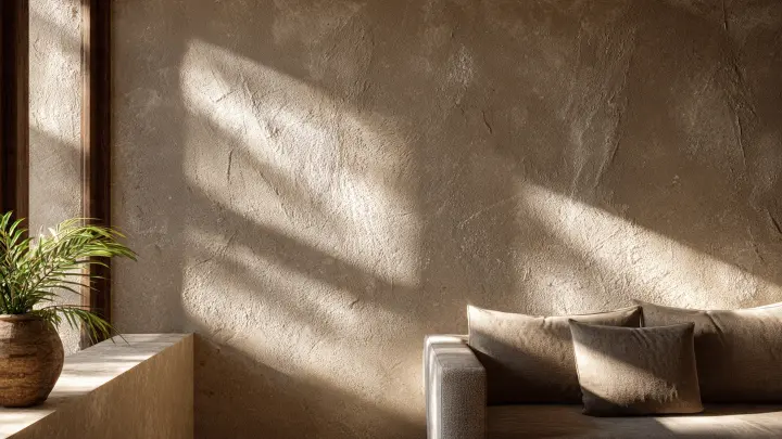 Dettaglio ravvicinato di parete color sabbia con texture naturale in soggiorno mediterraneo moderno, luce morbida che evidenzia i toni beige e taupe