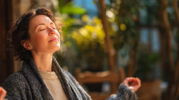 Persona con gli occhi chiusi che inspira profondamente all'aria aperta, mani in posizione rilassata, espressione di sollievo e relax profondo