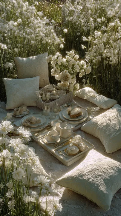 Picnic elegante monocromatico in un prato fiorito con tovaglia, cuscini, fiori e stoviglie coordinate nella stessa palette, estetica luxury outdoor con luce naturale