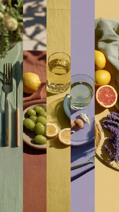 Cinque allestimenti da picnic monocromatici affiancati in stile lusso: verde salvia, giallo burro, lavanda, azzurro cipria e terracotta. Design outdoor estivo, estetica Pinterest, fotografia ultra realistica verticale 4:5.