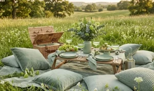 Picnic di lusso monocromatico verde salvia in un prato fiorito al golden hour, tavola bassa in legno apparecchiata con piatti, bicchieri e macaron coordinati, cuscini e plaid coordinati, cesta di vimini aperta, bouquet di eucalipto e fiori verdi, atmosfera elegante e naturale con luce dorata e sfondo colline.