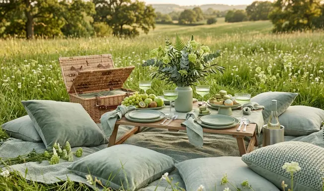 Picnic di lusso monocromatico verde salvia in un prato fiorito al golden hour, tavola bassa in legno apparecchiata con piatti, bicchieri e macaron coordinati, cuscini e plaid coordinati, cesta di vimini aperta, bouquet di eucalipto e fiori verdi, atmosfera elegante e naturale con luce dorata e sfondo colline.