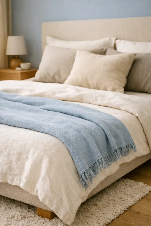 Primo piano di un letto matrimoniale con biancheria in lino bianco panna, plaid celeste polvere e cuscini beige e tortora, illuminato da luce naturale morbida.