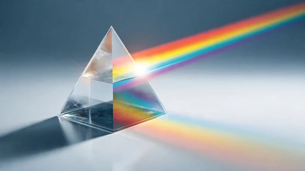Illustrazione scientifica di un prisma di vetro triangolare che scompone un raggio di luce bianca nello spettro arcobaleno: rosso, arancio, giallo, verde, blu, indaco, violetto su sfondo bianco