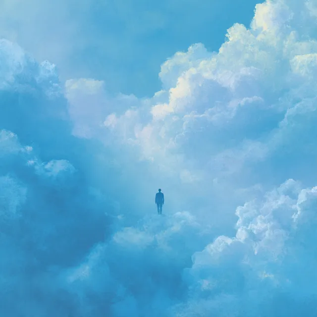 Silhouette umana tra nuvole in un cielo celeste RGB, immagine simbolica di calma, libertà e spiritualità