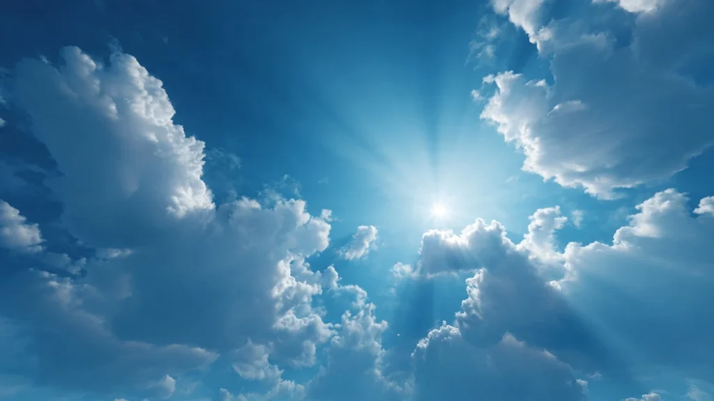 Illustrazione scientifica fotorealistica di cielo blu brillante con raggi solari che entrano nell'atmosfera terrestre, effetto scattering Rayleigh, nuvole bianche morbide, gradiente blu profondo, vista dal basso verso l'alto