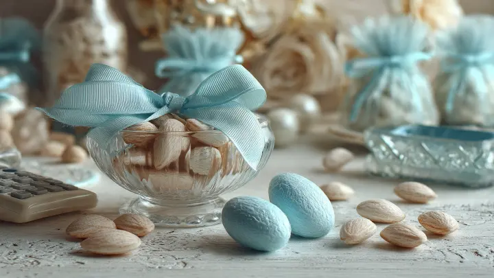 Ciotolina di vetro trasparente con mandorle e fiocco azzurro, confetti celesti e sacchetti in tulle sullo sfondo