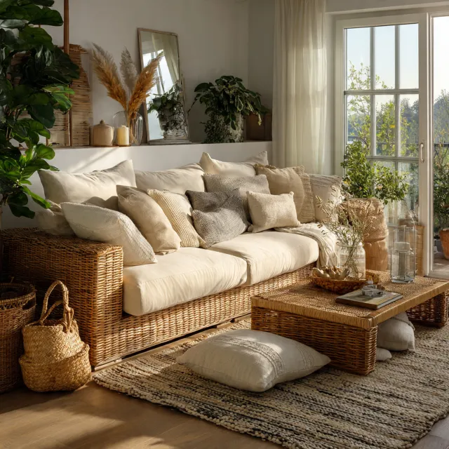 Soggiorno boho luminoso con divano in rattan beige, cuscini neutri, tavolino intrecciato, tappeto texture, piante e luce naturale da vetrata
