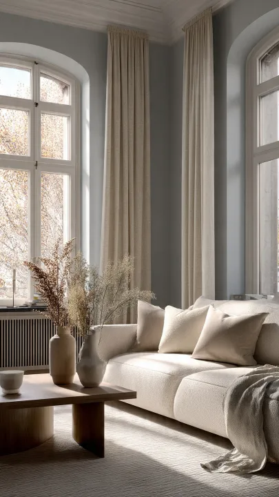 Salotto luminoso con pareti celeste grigio, tende lunghe e divano beige tortora in stile 70/30
