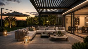 Salotto outdoor moderno con divano modulare, pergola bioclimatica, ombrellone laterale e illuminazione serale in giardino