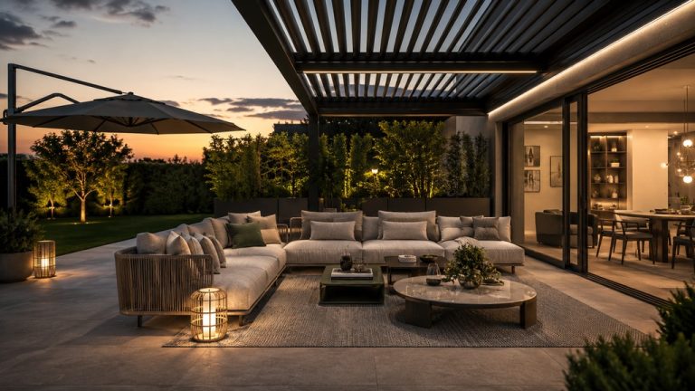 Salotto outdoor moderno con divano modulare, pergola bioclimatica, ombrellone laterale e illuminazione serale in giardino