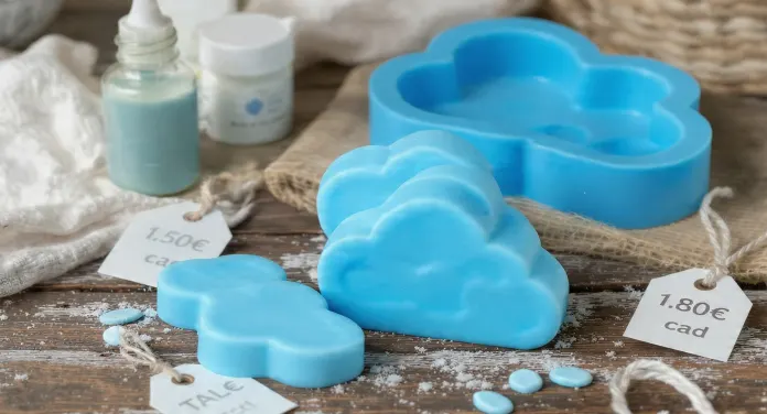 Saponette artigianali celesti a forma di nuvola con base glicerina, stampo silicone nuvole, colorante alimentare azzurro e profumo talco disposti su superficie in legno chiaro, composizione pulita stile Pinterest 4:3