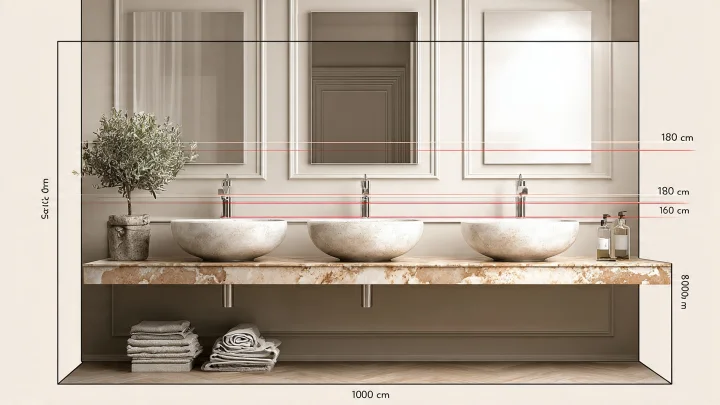 Schema tecnico con misure per mobile bagno sospeso con top in marmo e tre lavabi da appoggio in pietra, altezza consigliata 85-90 cm