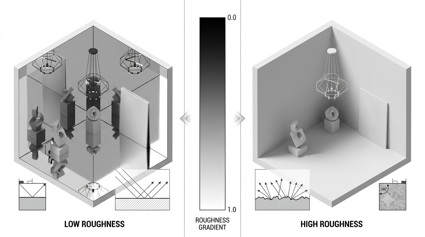 Roughness Map PBR Low vs High 16:9 2026 Schema 16:9 Roughness Map PBR: confronto Low Roughness 0.0 lucido con riflessi nitidi vs High Roughness 1.0 ruvido opaco V-Ray Corona