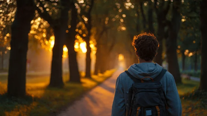 Giovane adulto che cammina da solo su un sentiero alberato all'alba con luce dorata, smartphone nello zaino non utilizzato, espressione calma, atmosfera cinematografica di pace e chiarezza mentale, stile editoriale premium con spazio negativo per titolo