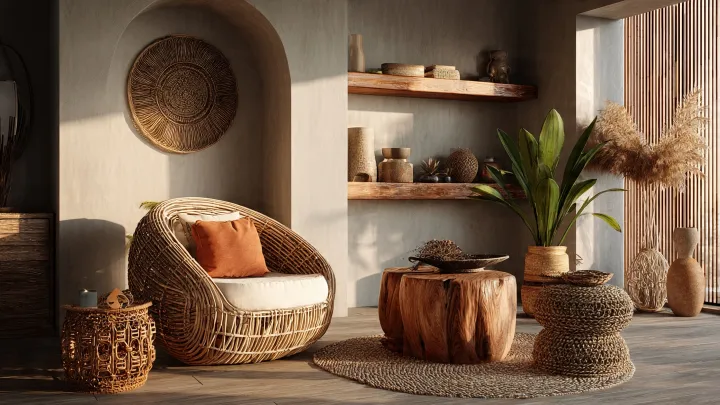 Soggiorno boho chic 2026 con mobili in legno massello, poltrona in rattan intrecciato e decorazioni artigianali. Atmosfera accogliente con design naturale contemporaneo e illuminazione calda.