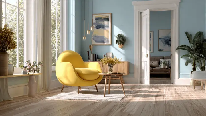 Soggiorno moderno con pareti celeste powder, poltrona giallo burro, mobili in rovere naturale, design scandinavo italiano, atmosfera elegante e luminosa, trend home decor 2026