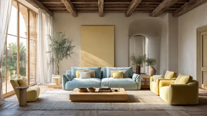 Soggiorno elegante in palette celeste powder e giallo burro con divano in lino, mobili in rovere naturale, design italiano contemporaneo e luce naturale, trend colori 2026