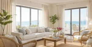 Soggiorno luminoso in stile Coastal Grandmother mediterraneo, con divano in lino beige, cuscini celeste polvere e avorio, tavolino in rovere, poltrona in rattan, tappeto in juta e vista mare al mattino