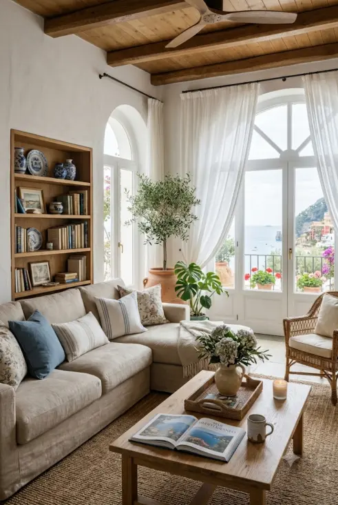 Soggiorno Coastal Grandmother con divano angolare in lino beige, cuscini blu e floreali, tavolino in rovere con libro aperto sulla Costiera Amalfitana, libreria in legno con ceramiche blu, ulivo in vaso e finestre ad arco con vista sul mare