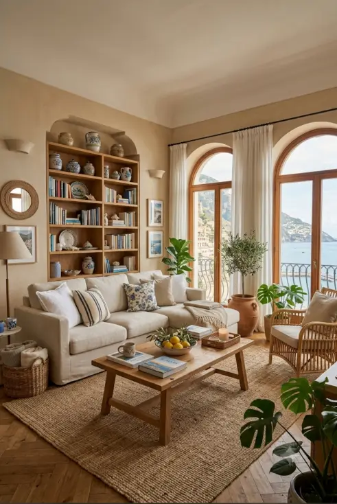 Soggiorno Coastal Grandmother con divano in lino beige, libreria a nicchia in legno con ceramiche blu, tavolino in rovere con ciotola di limoni, poltrona in rattan e finestre ad arco con vista sul mare