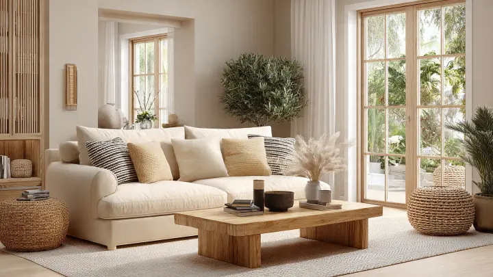 Soggiorno contemporaneo con pareti color sabbia, divano in lino beige, tavolino in legno chiaro, dettagli in rattan e luce naturale da grandi finestre, stile mediterraneo moderno