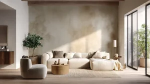 Soggiorno japandi con parete effetto celeste grigio, divano e poltrona beige tortora, travi legno