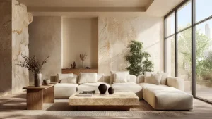 Soggiorno di lusso contemporaneo con palette calda color sabbia, pareti texture sabbia, divano in lino beige, tavolino in travertino, luce naturale da grandi finestre, arredi in legno naturale e atmosfera mediterranea elegante e rilassante