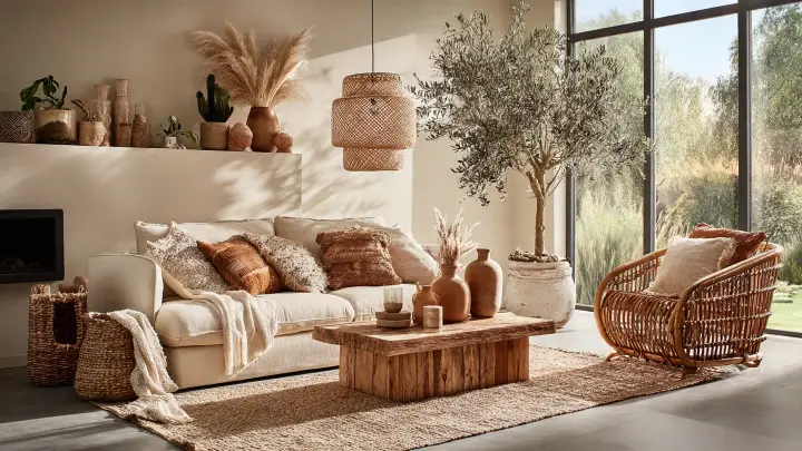 Soggiorno luxury boho ispirato a Maison du Monde con divano beige elegante, poltrona in rattan e tavolino in legno artigianale. Luce naturale calda da grandi finestre, vasi in terracotta, pampas grass e ulivo in vaso ceramica. Atmosfera sofisticata e accogliente, palette colori neutri naturali.