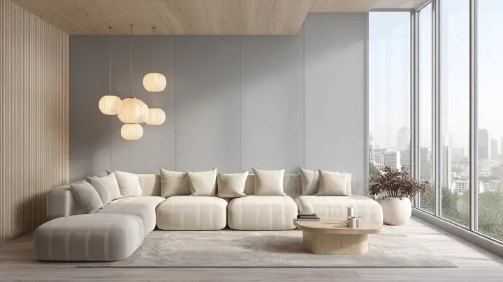 Soggiorno moderno con pareti celeste grigio e divano angolare beige tortora, modello 70/30