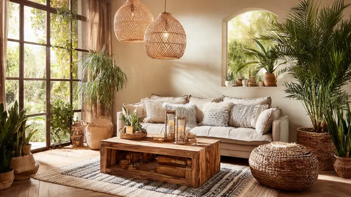 Soggiorno elegante stile boho Maison du Monde 2026 con divano beige, tavolino in legno naturale, tappeto etnico, lampade in rattan, piante tropicali e luce naturale calda