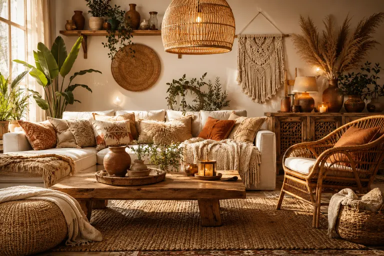Soggiorno in stile boho Maison du Monde con mobili in legno naturale, dettagli in rattan e palette beige secondo le tendenze arredamento 2026.