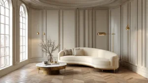 Salotto luminoso in stile Neo Deco con divano curvo color avorio, boiserie a pannelli color crema, parquet a spina di pesce, tavolino basso in marmo e lampade a sospensione in ottone lucido. Grandi finestre ad arco inondano la stanza di luce naturale.