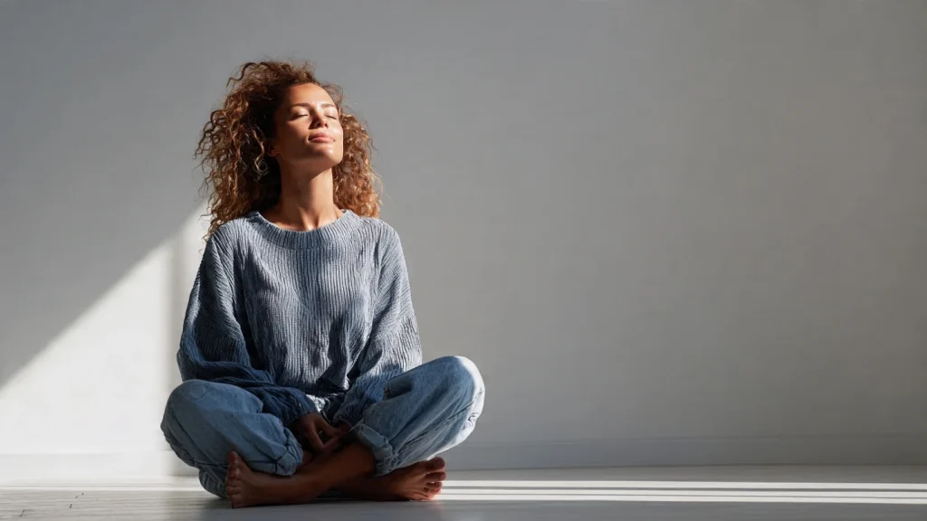 Donna che pratica esercizio di respirazione consapevole in stanza minimal luminosa, mindfulness e regolazione emotiva