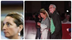 Renzo Piano e la moglie Emilia Rossato, detta Milly, a un evento. Lui con giacca nera e maglia verde, lei con abito bianco e giacca a righe. Sullo sfondo tappeto rosso e luci.