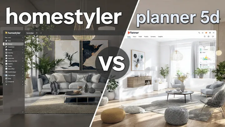 Confronto a schermo diviso tra i software di interior design Homestyler e Planner 5D. A sinistra render ultra realistico di un soggiorno con luce cinematografica e arredi di lusso. A destra design 3D pulito con stile di rendering più semplice e interfaccia minimale. Luce naturale brillante, alto contrasto, estetica da copertina di rivista professionale.